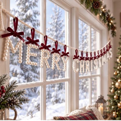Christmas Pearl Letter Garland Banner with Velvet Bows - Holiday Decor