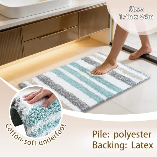 Aqua Beige Gray Striped Bathroom Rug 24x17 Microfiber Non-Slip Multi Color Variation of THIS Listing