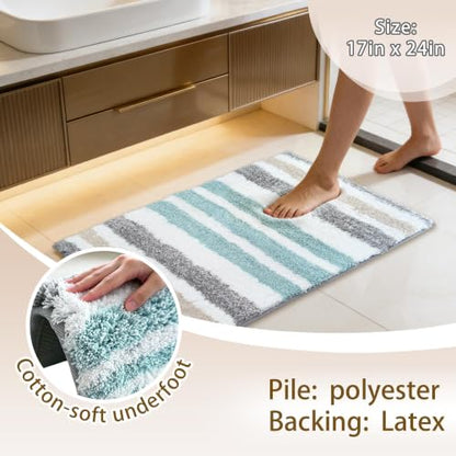 Aqua Beige Gray Striped Bathroom Rug 24x17 Microfiber Non-Slip Multi Color Variation of THIS Listing