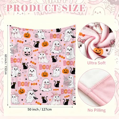 Pink Ghost Halloween Throw Blanket with Pumpkin & Black Cat Design - 50x60 Inches - Cozy Microfiber Decor