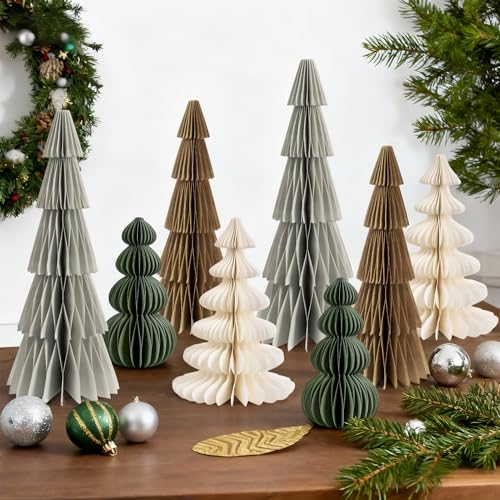 Christmas Honeycomb Tree Decorations Brown Green - 8 Pcs Magnetic Paper Centerpieces