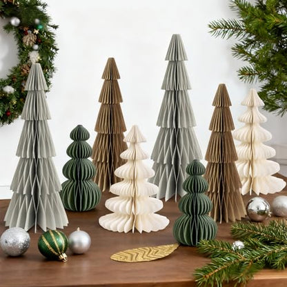 Christmas Honeycomb Tree Decorations Brown Green - 8 Pcs Magnetic Paper Centerpieces
