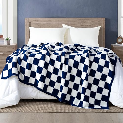 Reversible Checkered Throw Blanket Navy Blue - Ultra Soft & Lightweight