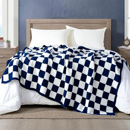 Reversible Checkered Throw Blanket Navy Blue - Ultra Soft & Lightweight