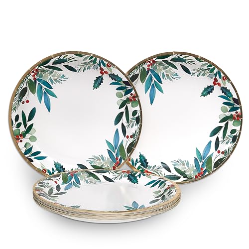 Papyrus Disposable Holiday Foliage Dinner Plates & Cups Set - Elegant Christmas Partyware