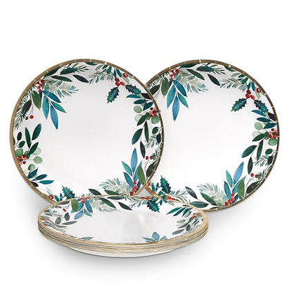 Papyrus Disposable Holiday Foliage Dinner Plates & Cups Set - Elegant Christmas Partyware