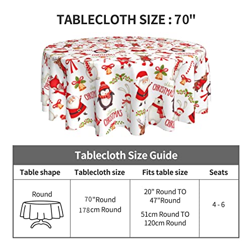 Christmas Round Tablecloth 70 Inch - Santa Snowman Winter Holiday Decor - Wipeable Polyester