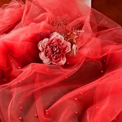 Pearl Red Table Runner 10FT - Tulle Gauze Decor for Weddings & Parties - Red / 1