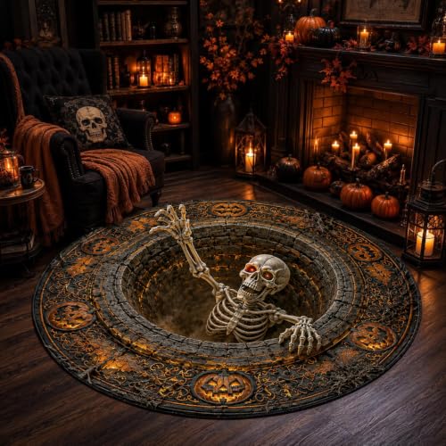 NAZENTI 3D Skeleton Optical Illusion Round Rug - Halloween Floor Mat, Spooky Pumpkin Hole Design, Skeleton Vortex Decoration, Design 1