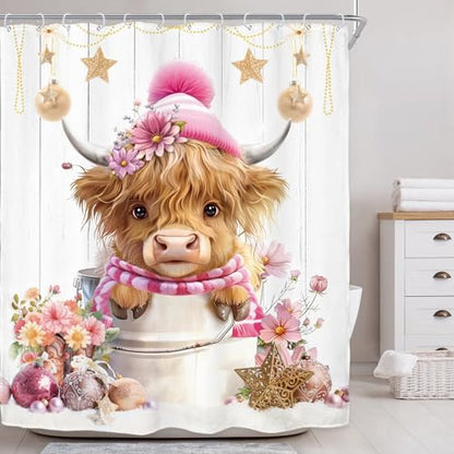 Christmas Highland Cow Shower Curtain Set Pink 72x72 Inches with Hooks - Merry Xmas Farmhouse Bathroom Decor