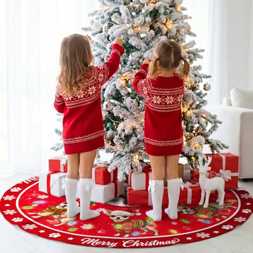 Chihuahua Christmas Tree Skirt 48 Inch Holiday Decor for Indoor Outdoor Use