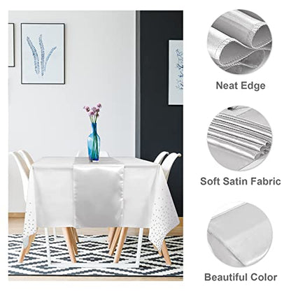 White and Silver Tablecloth and Satin Table Runner Set - 16 Pack for Weddings & Parties