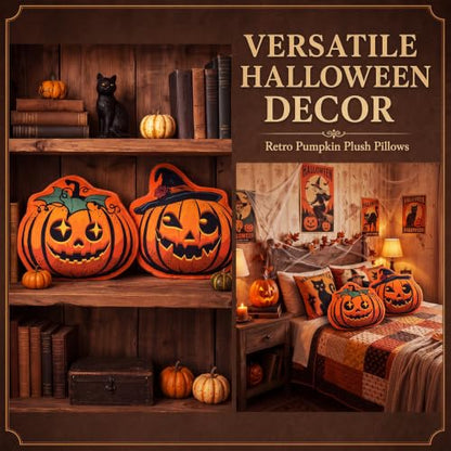 Halloween Pumpkin Throw Pillows Set - Retro Plush Decor for Fall & Holiday