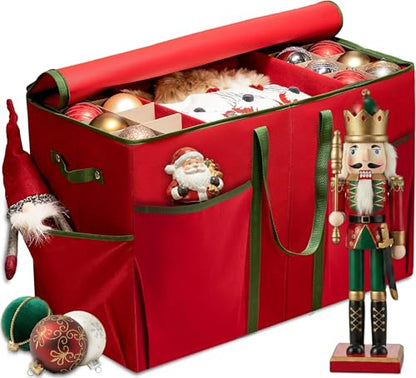 Large Christmas Ornament Storage Box with Dividers - Holds 80 3-Inch Ornaments, Red - Holiday Decor Organizer