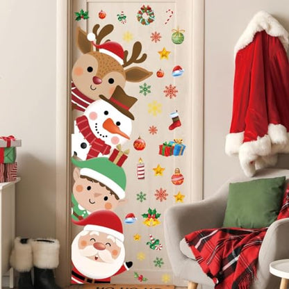 Christmas Animal Door Decals Santa Snowman Elk Kids Nursery Holiday Wall Stickers - 44.88 x 15.75 Inches