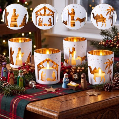 Christmas Nativity Scene Candle Holders Set - Frosted Glass Votive Holders, Religious Decor