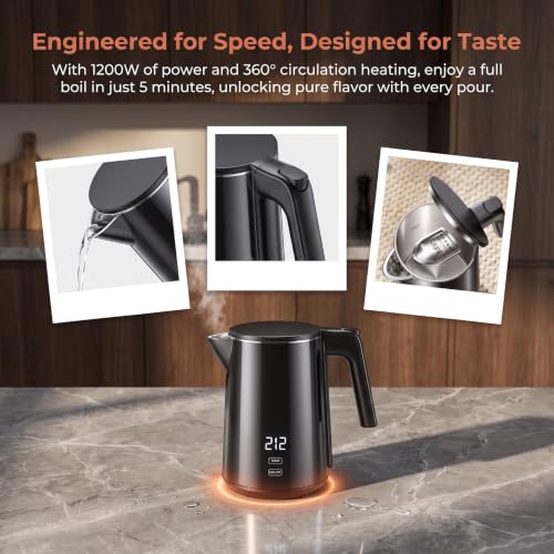 Electric Kettle 1L, 1200W with 7 Temperature Settings & Keep Warm Function