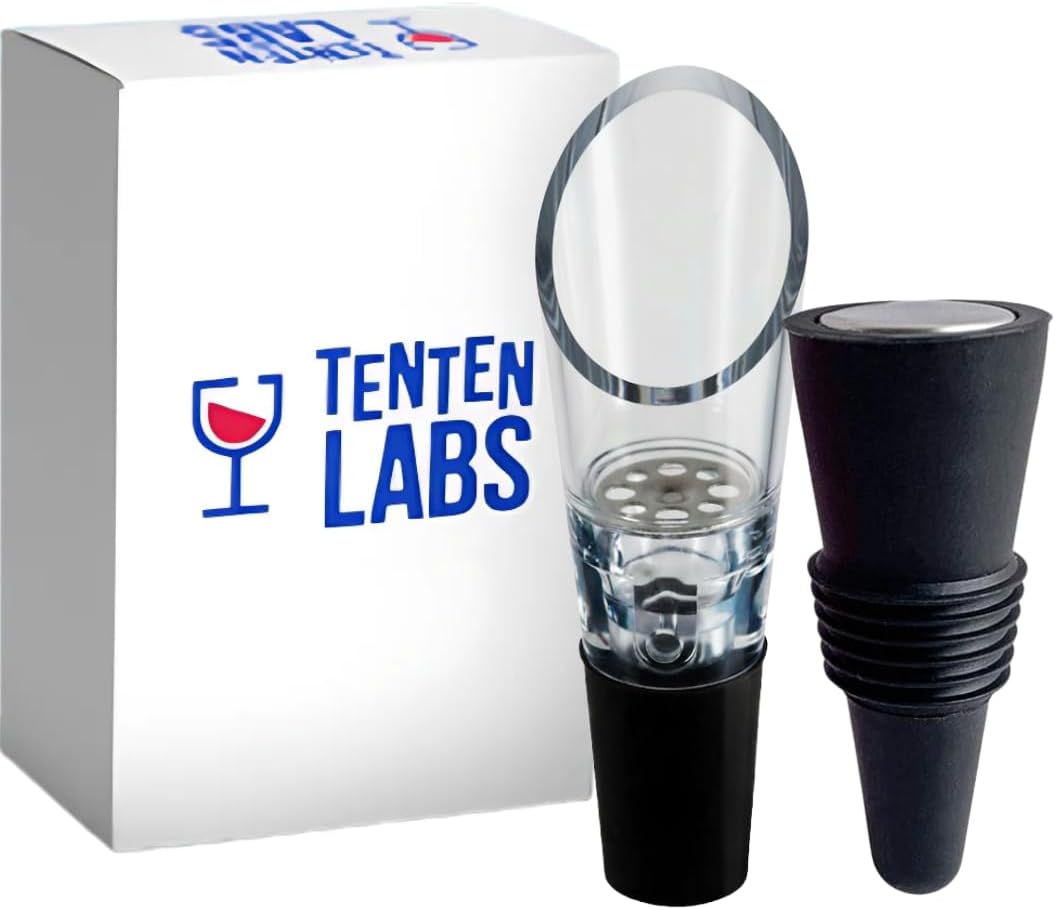 Red Wine Aerator Pourer and Wine Stopper (2-pack) by TenTen Labs - Premium Wine Decanter Set with Bottle Stopper and Re-corker - Gift Box Included (Black)