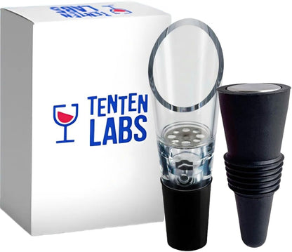Red Wine Aerator Pourer and Wine Stopper (2-pack) by TenTen Labs - Premium Wine Decanter Set with Bottle Stopper and Re-corker - Gift Box Included (Black)