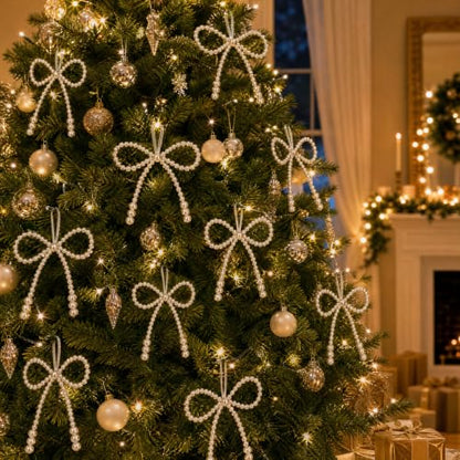 8Pcs Christmas Pearl Bow Ornaments for Tree & Holiday Decor