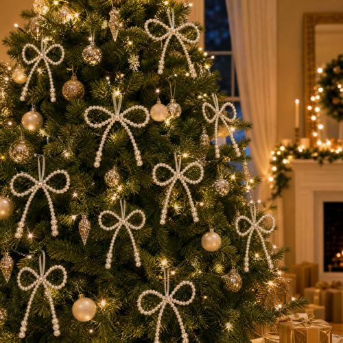 8Pcs White Pearl Bow Christmas Tree Ornaments - Variation of Pearl Bow / White