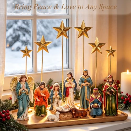 Colorful 14-Piece Nativity Scene Set with Metal Stars - Religious Christmas Decor