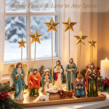 Colorful 14-Piece Nativity Scene Set with Metal Stars - Religious Christmas Decor