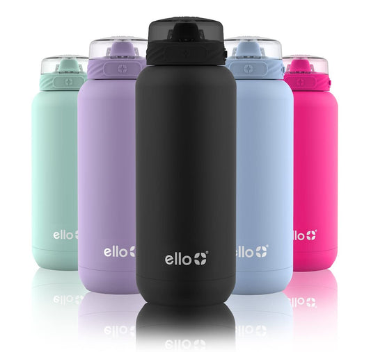 Ello Cooper 32oz Stainless Steel Water Bottle with Straw and Carry Handle, Double Walled and Vacuum Insulated Metal, Leak Proof Locking Lid with Soft Silicone Spout, Reusable, BPA Free, Black