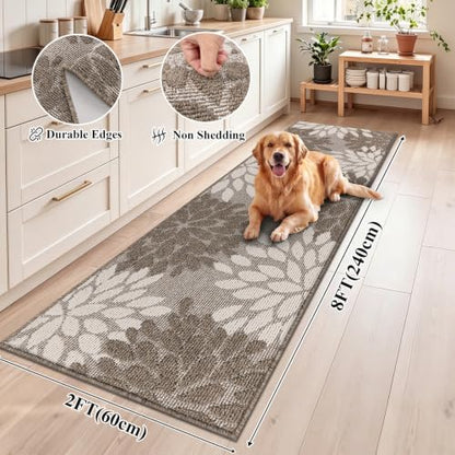 Brown 2x8 ft Non Slip Washable Runner Rug for Hallway Kitchen - Floral High-Low Design