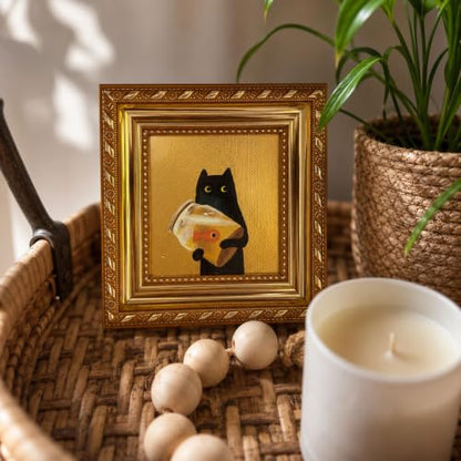 Black Cat Oil Painting with Fish Tank Gold Framed Canvas Art