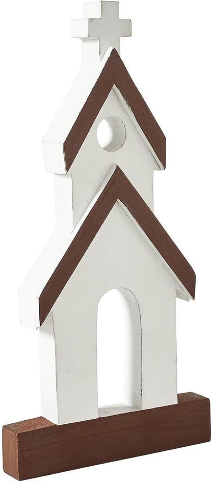 VHC Brands Wooden Church Figurine - Brown Roof Design | 12" x 6" x 1" Size