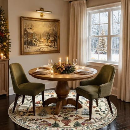 Cabin Tales Beige Round Christmas Rug 6ft for Living Room - Washable Holiday Decor