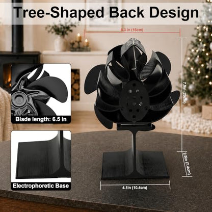 Wood Stove Fan 6-Blade Heat Powered Fireplace Fan with Thermometer