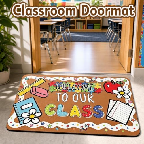Classroom Welcome Mat with Flower Design - Non Slip Entry Rug for School