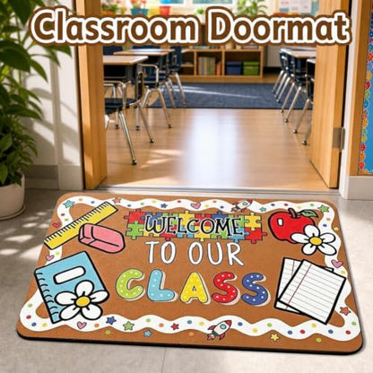 Classroom Welcome Mat with Flower Design - Non Slip Entry Rug for School