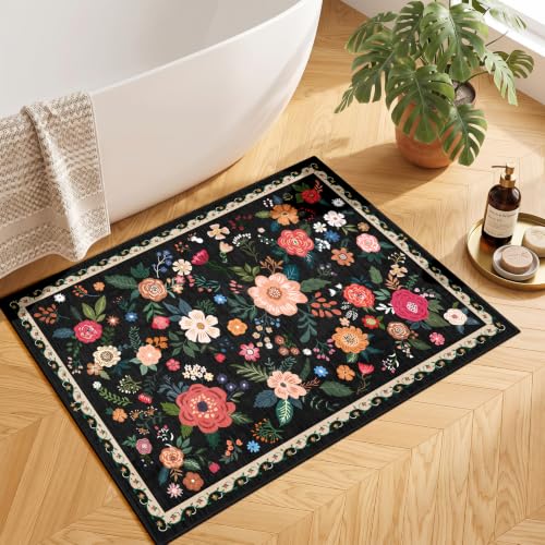 Entryway Rug 2x3 Black Floral Washable Non-Slip Indoor Mat - Home Decor