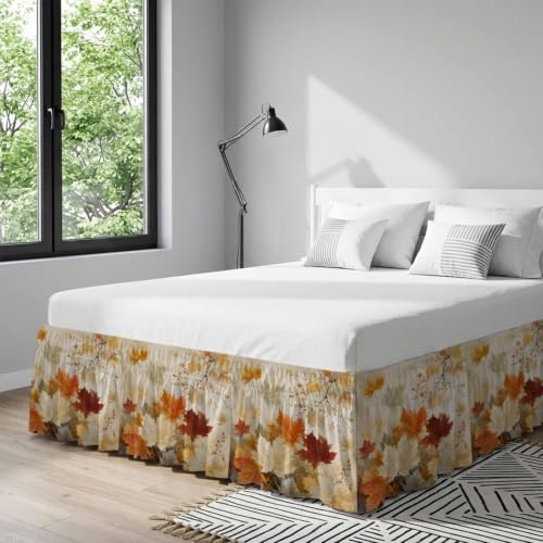 Queen Bed Skirt with Adjustable Elastic Fit Fall Maple Leaves Ruffle 16 Inch Drop