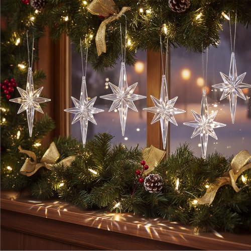 12 Pcs Christmas Bethlehem Star Ornaments - Clear Glitter Holiday Decorations, 4.72 x 2.95 Inches