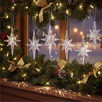 12 Pcs Christmas Bethlehem Star Ornaments - Clear Glitter Holiday Decorations, 4.72 x 2.95 Inches