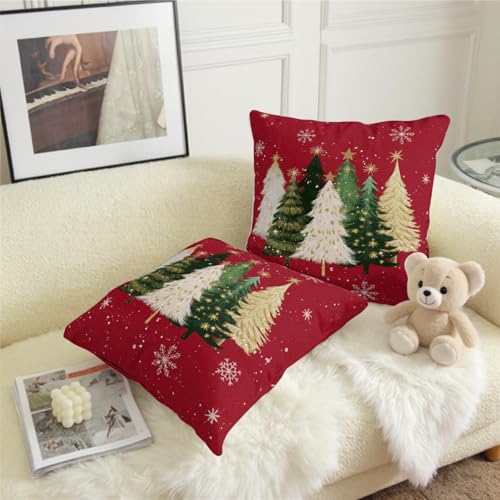 Red Christmas Pillow Covers 18x18 Set of 2 Watercolor Xmas Tree Snowflakes Holiday Cushion Cases - Variation of Christmas Tree Red / 18" x 18"