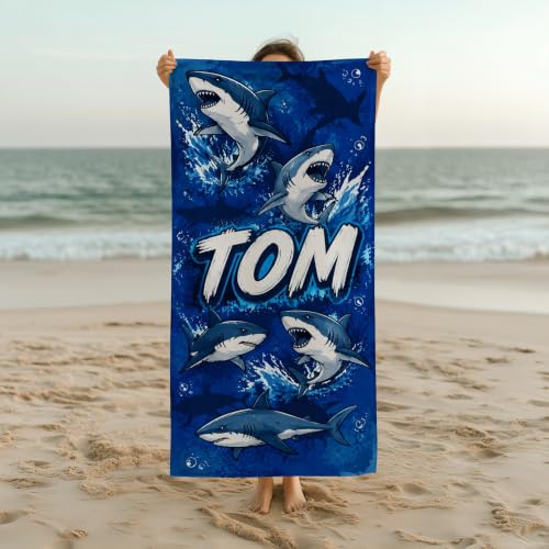 Kids Personalized Shark Beach Towel with Name - Toddler & Boys Beach Blanket