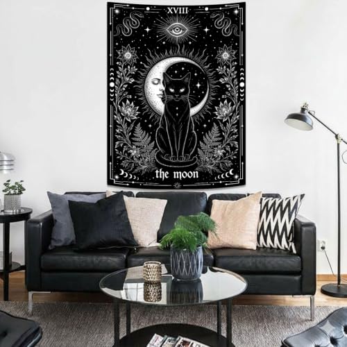Gothic Black Cat Moon Tarot Wall Tapestry - 44x60in Mystic Decor