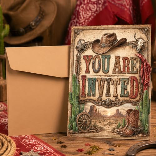 Western Cowboy Birthday Party Invitations Walnut 10 Pack with Envelopes Rustic Rodeo Theme