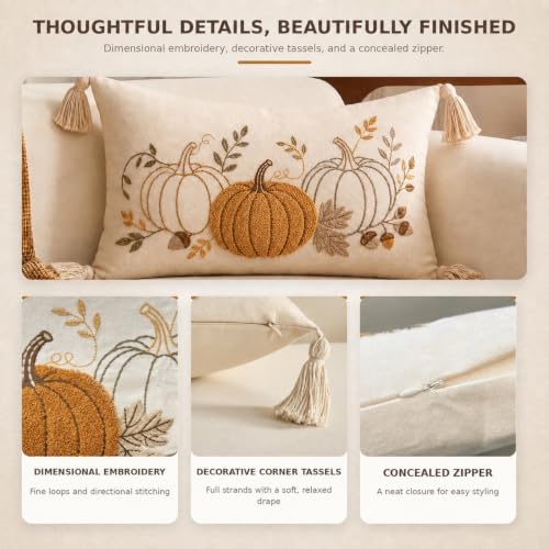 Berchaoki Embroidered Fall Lumbar Pillow Cover 12x20 Inches - Neutral Pumpkin Decor