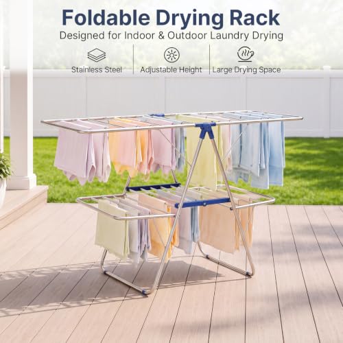 Large Dark Blue Stainless Steel 2-Tier Foldable Clothes Drying Rack - 57 Inches Max Height