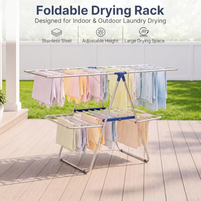 Large Dark Blue Stainless Steel 2-Tier Foldable Clothes Drying Rack - 57 Inches Max Height