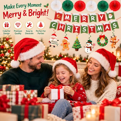 Christmas Decorations Set - Red White Green Xmas Banner Paper Fans Swirls & Honeycomb
