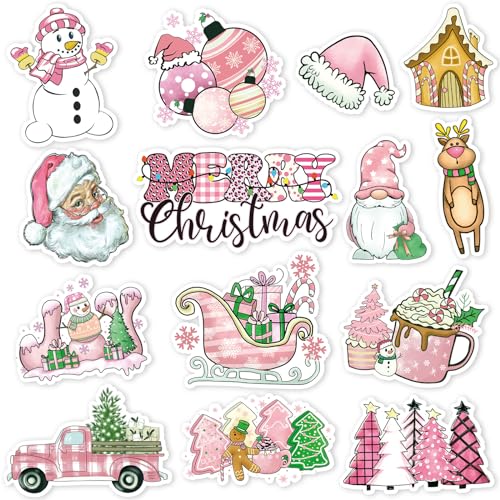 Christmas Refrigerator Magnets Set - Pink Santa Snowman Holiday Decor - 14 Pieces
