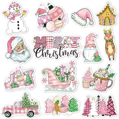 Christmas Refrigerator Magnets Set - Pink Santa Snowman Holiday Decor - 14 Pieces