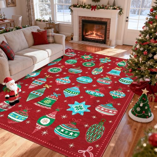 Christmas Rug 5x7 Feet - Red Festive Holiday Decor Non Slip Stain Resistant Low Pile Area Rug with Christmas Balls